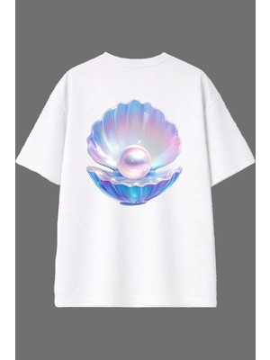 Vsrn Inci Kabuğu Tasarım Arka Baskılı Beyaz Oversize T Shirt