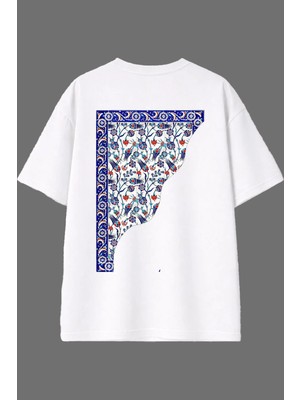 Vsrn Yarım Mermer Deseni Tasarım Arka Baskılı Beyaz Oversize T Shirt
