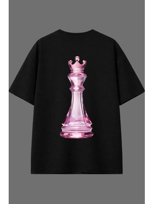 Vsrn Pembe Porselen Şah Tasarım Arka Baskılı Siyah Oversize T Shirt
