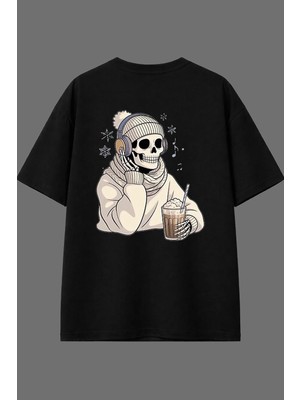 Vsrn Kahveci Iskelet Tasarım Arka Baskılı Siyah Oversize T Shirt