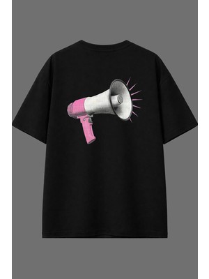 Vsrn Retro Mikrofon Tasarım Arka Baskılı Siyah Oversize T Shirt