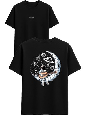 Vsrn Ayda Gitar Çalan Adamlar Tasarım Baskılı Siyah Oversize T Shirt