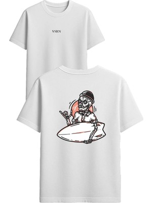 Vsrn Havalı Sürfcü Tasarım Baskılı Beyaz Oversize T Shirt