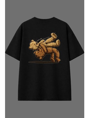 Vsrn Ayıcıklar Dövüşüyo Tasarım Arka Baskılı Siyah Oversize T Shirt