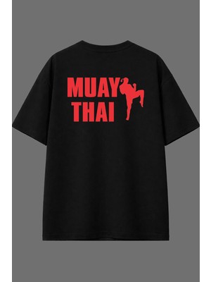 Vsrn Kırmızı Muay Thaı Tasarım Arka Baskılı Siyah Oversize T Shirt
