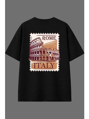 Vsrn Rome Italy Tasarım Arka Baskılı Siyah Oversize T Shirt