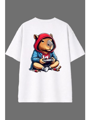 Vsrn Oyuncu Capybara Tasarım Arka Baskılı Beyaz Oversize T Shirt