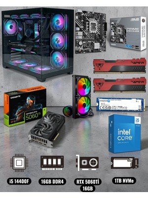 Symoon I5 14400F 16GB Ram 1tb Nvme Rtx 5060Tİ 16GB Ekran Kartlı Gameload Onxy Akvaryum Kasalı Gaming Pc