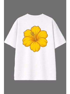 Vsrn Sarı Papatya Tasarım Arka Baskılı Beyaz Oversize T Shirt