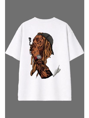 Vsrn Zengin Rapçi Tasarım Arka Baskılı Beyaz Oversize T Shirt