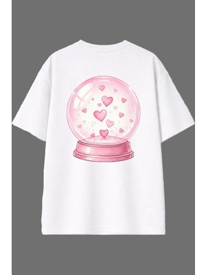 Vsrn Kar Küresi Tasarım Arka Baskılı Beyaz Oversize T Shirt