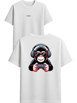 Vsrn Kulaklıklı Maymun Tasarım Baskılı Beyaz Oversize T-Shirt