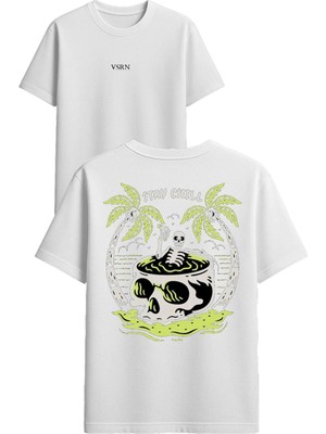 Vsrn Stay Chıll Tasarım Baskılı Beyaz Oversize T Shirt