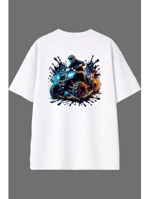 Vsrn 4 Tekerlekli Motor Tasarım Arka Baskılı Beyaz Oversize T Shirt