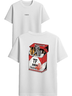 Vsrn Iskelet Mühimmat Tasarım Baskılı Beyaz Oversize T-Shirt