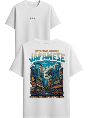 Vsrn Cıty Street Tasarım Baskılı Beyaz Oversize T Shirt