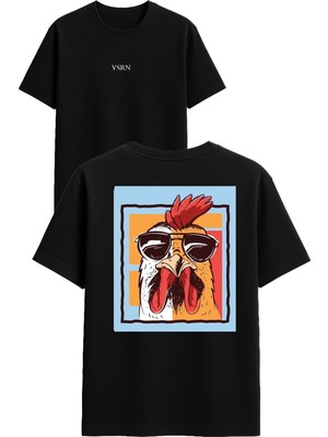 Vsrn Yakışıklı Horoz Tasarım Baskılı Siyah Oversize T Shirt