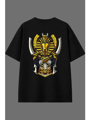 Vsrn Mısır Şovalyesi Tasarım Arka Baskılı Siyah Oversize T Shirt