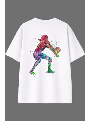 Vsrn Voleyball 4 Tasarım Arka Baskılı Beyaz Oversize T Shirt