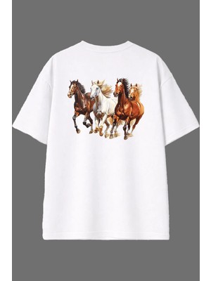 Vsrn Koşan Atlar Tasarım Arka Baskılı Beyaz Oversize T Shirt
