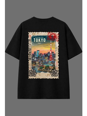 Vsrn Tokyo Japan Tasarım Arka Baskılı Siyah Oversize T Shirt