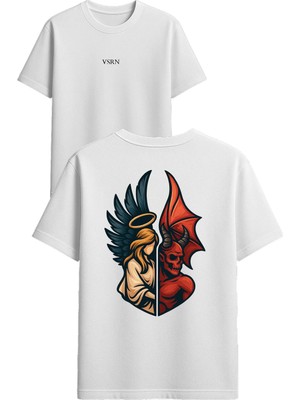 Vsrn Melek ve Şeytan Tasarım Baskılı Beyaz Oversize T-Shirt