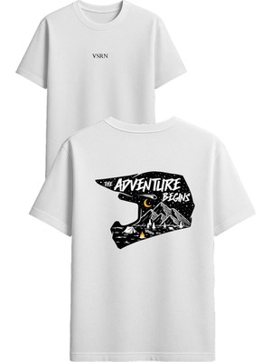 Vsrn The Adventure Begıns Tasarım Baskılı Beyaz Oversize T-Shirt