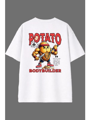 Vsrn Potato Tasarım Arka Baskılı Beyaz Oversize T Shirt