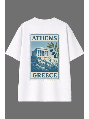 Vsrn Athens Greece Tasarım Arka Baskılı Beyaz Oversize T Shirt