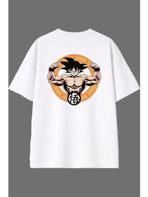 Vsrn Kaslı Anime Tasarım Arka Baskılı Beyaz Oversize T Shirt