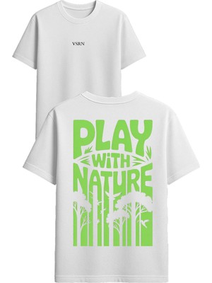 Vsrn Play With Nature Tasarım Baskılı Beyaz Oversize T-Shirt