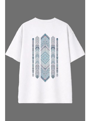 Vsrn Karışık Desenler Tasarım Arka Baskılı Beyaz Oversize T Shirt