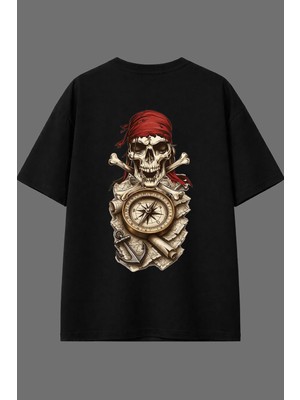 Vsrn Korsan Iskelet Tasarım Arka Baskılı Siyah Oversize T Shirt