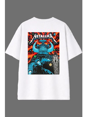Vsrn Canavar Metalika Tasarım Arka Baskılı Beyaz Oversize T Shirt