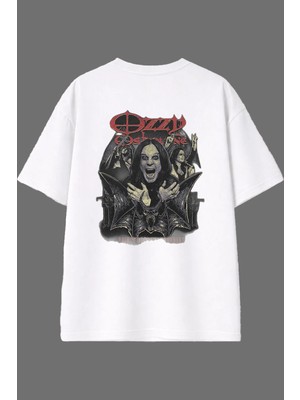 Vsrn Ozzy Metal Tasarım Arka Baskılı Beyaz Oversize T Shirt