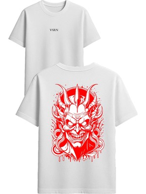 Vsrn Kırmızı Şeytan Tasarım Baskılı Beyaz Oversize T Shirt