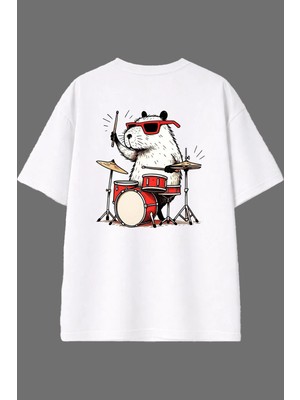 Vsrn Baterist Capıbara Tasarım Arka Baskılı Beyaz Oversize T Shirt