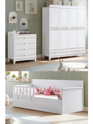 Setay Bakü Çocuk Odası, Bakü 4 Kapaklı Dolap, Bakü Yavrulu Karyola, Şifonyer - Beyaz