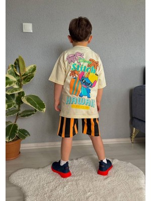Cg Kids Stitch Hawai Baskılı Erkek Çocuk Tshirt Şort Alt Üst Takım Sırt Baskı Detaylı
