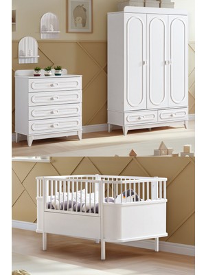 Setay Soft Çocuk Odası Takımı, Soft 3 Kapaklı Dolap, Şifonyer, Yıldız Büyüyen Beşik - Beyaz