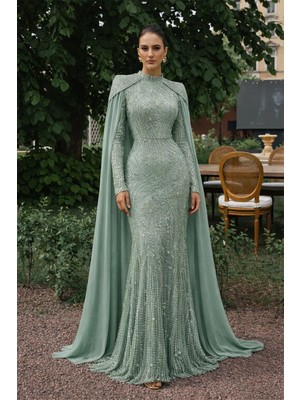 Olcay Pelerin Detaylı Taş ve Pul Bezeli Exclusive Tesettür Abiye Elbise MİNT 1081