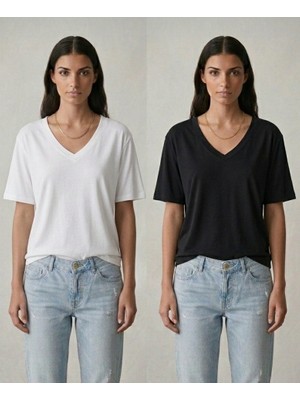 Cng Moda Ikili Basic Penye Modal Relaxed V Yaka T-Shirt Set