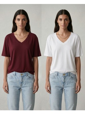 Cng Moda Ikili Basic Penye Modal Relaxed V Yaka T-Shirt Set