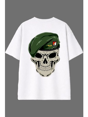 Vsrn Yüzbaşı Iskelet Tasarım Arka Baskılı Beyaz Oversize T Shirt