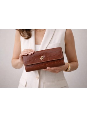 Kahverengi Timsah Desenli Kadın Portföy Çanta | Kahverengi T8303