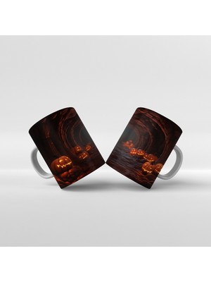 Baskılı Kupa Bardak Cadılar Bayramı Karanlık Mağarada Bal Kabakları