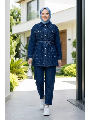Kadın Taş Işlemeli Kot Mavi Tunik Pantolon Ikili Takım