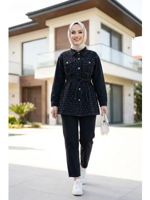 Kadın Taş Işlemeli Kot Siyah Tunik Pantolon Ikili Takım