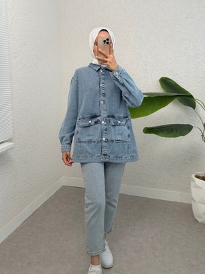 Modamorfo Serpme Taş Detaylı Kapaklı Cepli Kot Ceket -Buz Mavi