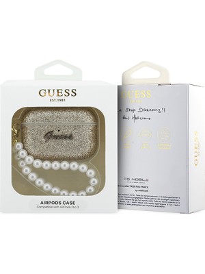 Airpods Pro 3 Uyumlu Kılıf Guess Lisanslı Glitter Yazı Logolu Inci Tasarım Bilek Askılı Siyah